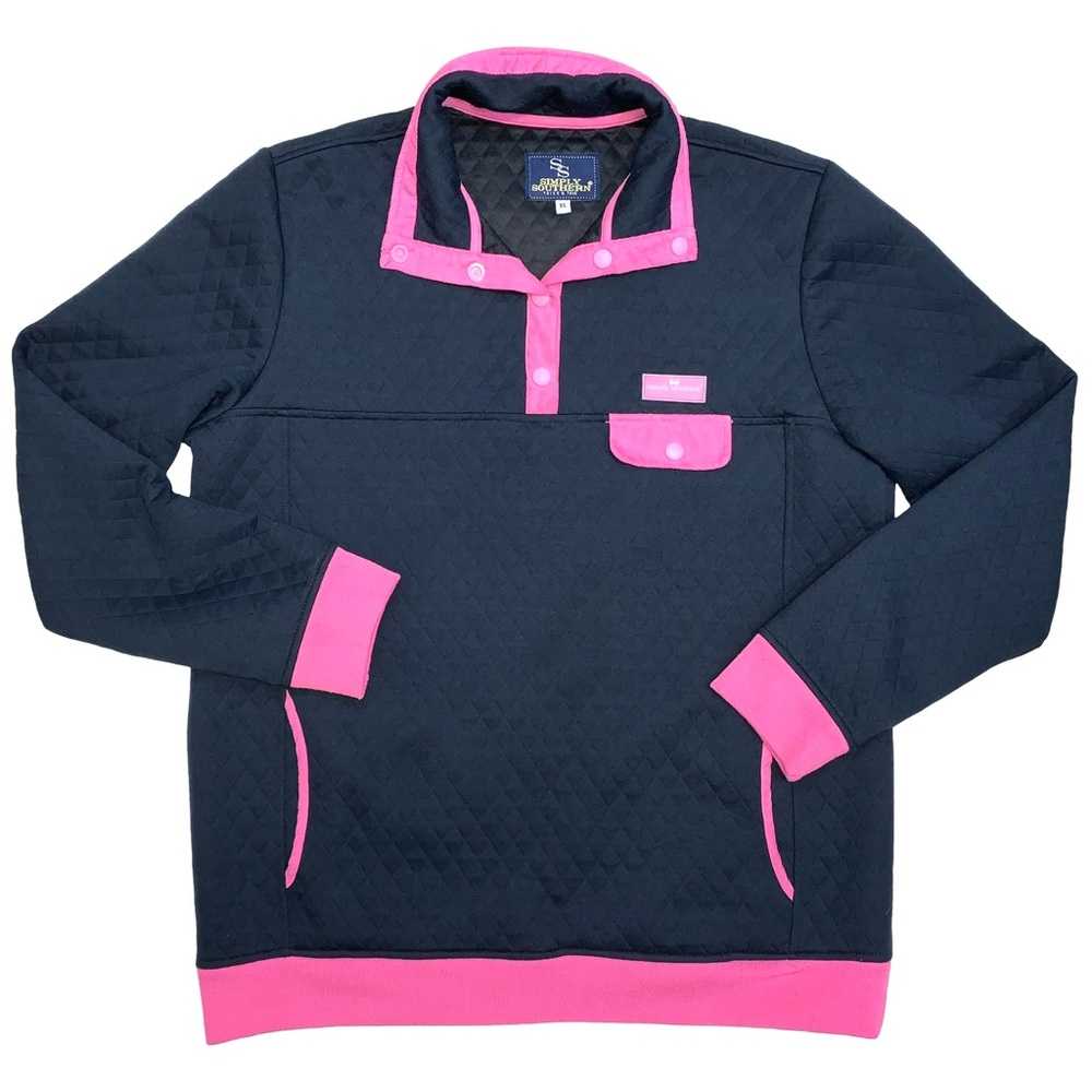 Simply Southern Quilted Quarter Snap Pullover Sweatshirt Black Pink Preppy Soft